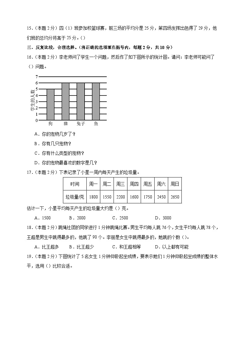 第四单元《统计表和条形统计图（一）》-2024-2025学年四年级数学上册单元测试卷（苏教版）第3页