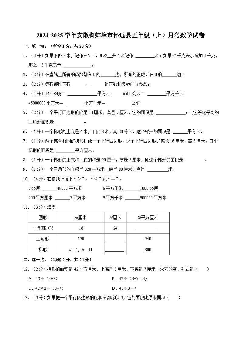 2024-2025学年安徽省蚌埠市怀远县五年级（上）月考数学试卷01