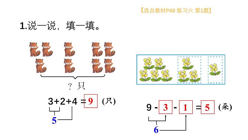 小学数学新西师版一年级上册第二单元第三课连加、连减与加减混合《练习六》教学课件2（2024秋）第2页