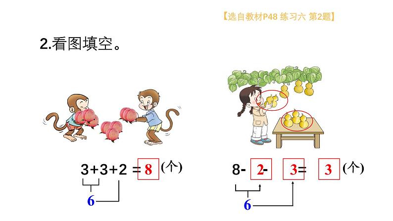 小学数学新西师版一年级上册第二单元第三课连加、连减与加减混合《练习六》教学课件2（2024秋）第3页