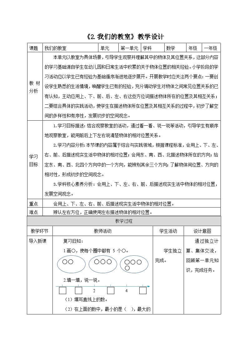 【新教材新课标】苏教版数学一上-生活中的位置《我们的教室》（课件+教案+大单元整体教学设计）01