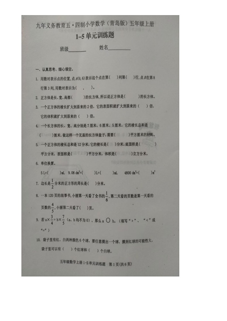 山东省泰安市肥城市2024-2025学年五年级上学期期中数学试卷01