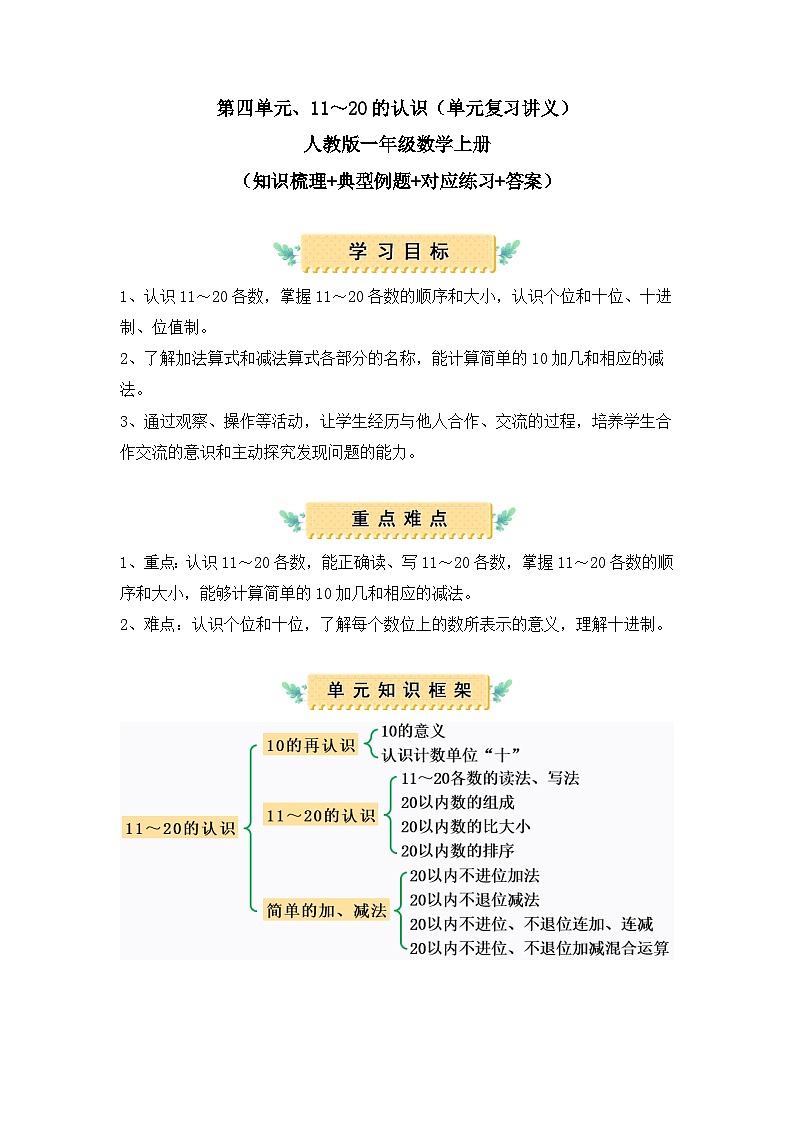 新教小学数学一年级上册第四单元：11～20的认识（知识清单）第1页