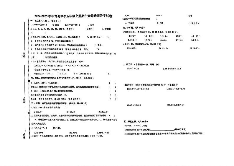 山东省青岛市青岛高新技术产业开发区2024-2025学年五年级上学期期中素养诊断数学试卷第1页