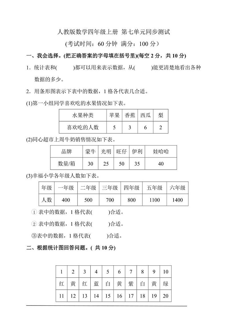 【2024人教数学四年级上册】 第七单元同步测试（含答案）第1页