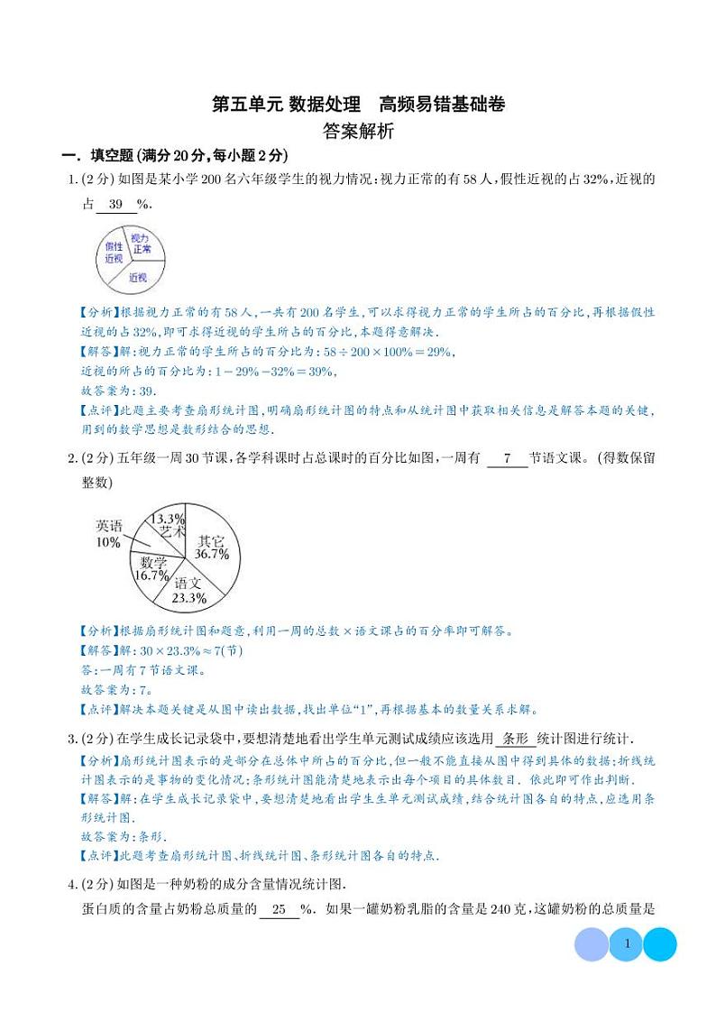 （基础卷）第五单元 数据处理 易错基础卷--2024年六年级上册数学（北师大版）（答案解析）第1页
