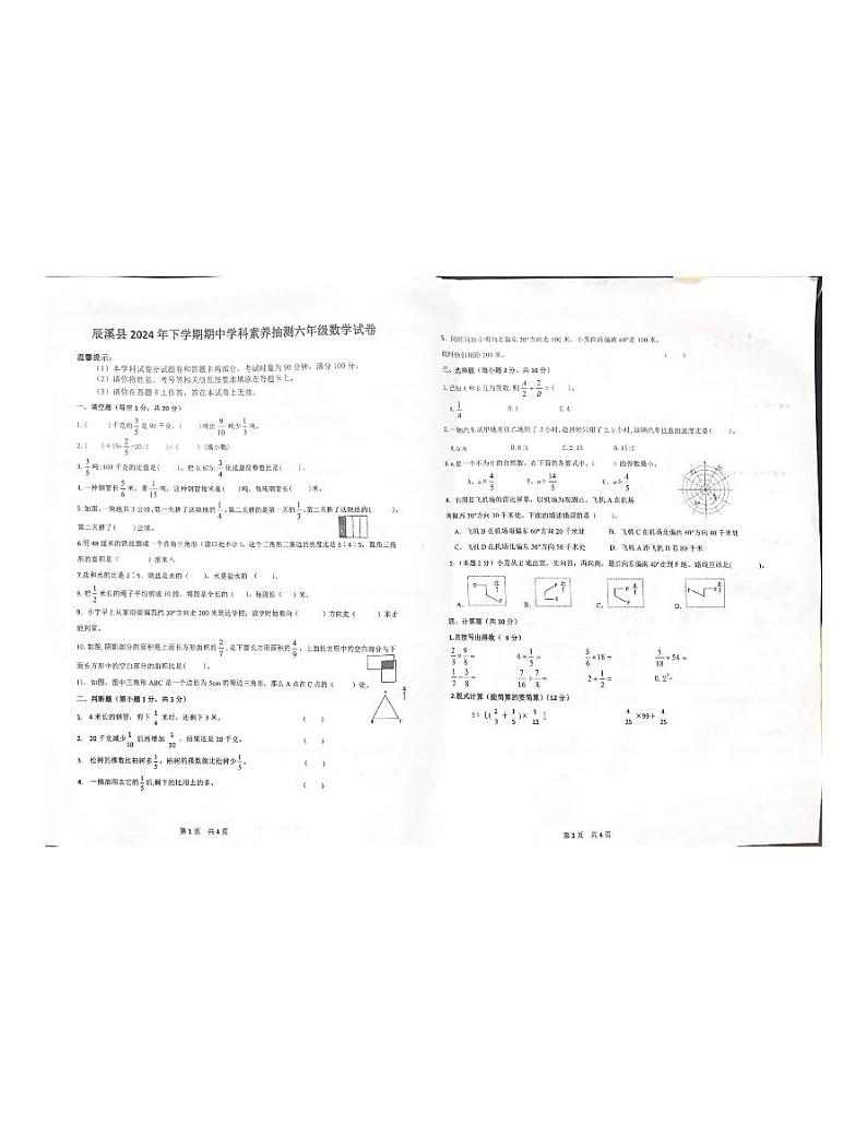 湖南省怀化市辰溪县2024-2025学年六年级上学期期中测试数学试卷第1页
