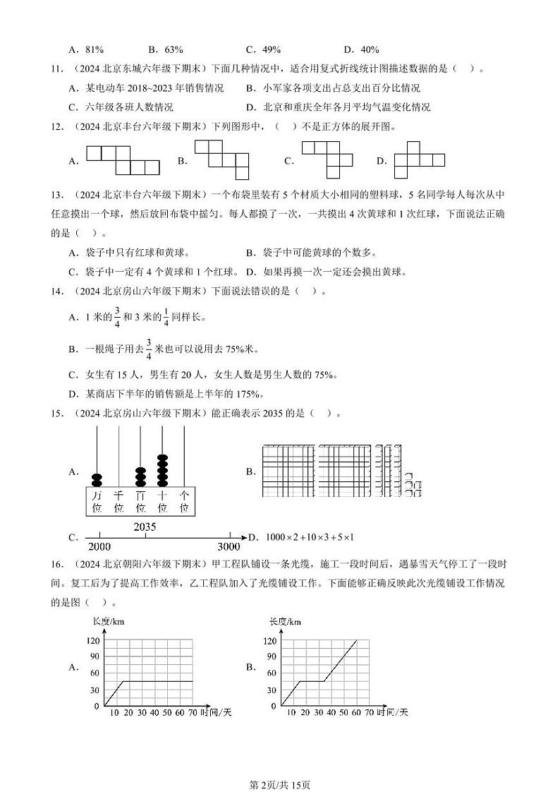 2024北京六年级（下）期末真题数学汇编：选择题（人教版）202