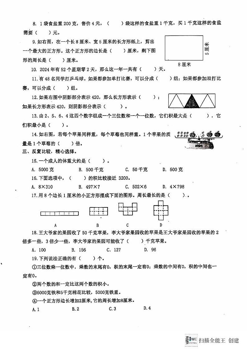 江苏省泰州市兴化市2024-2025学年三年级上学期期中数学试题第2页