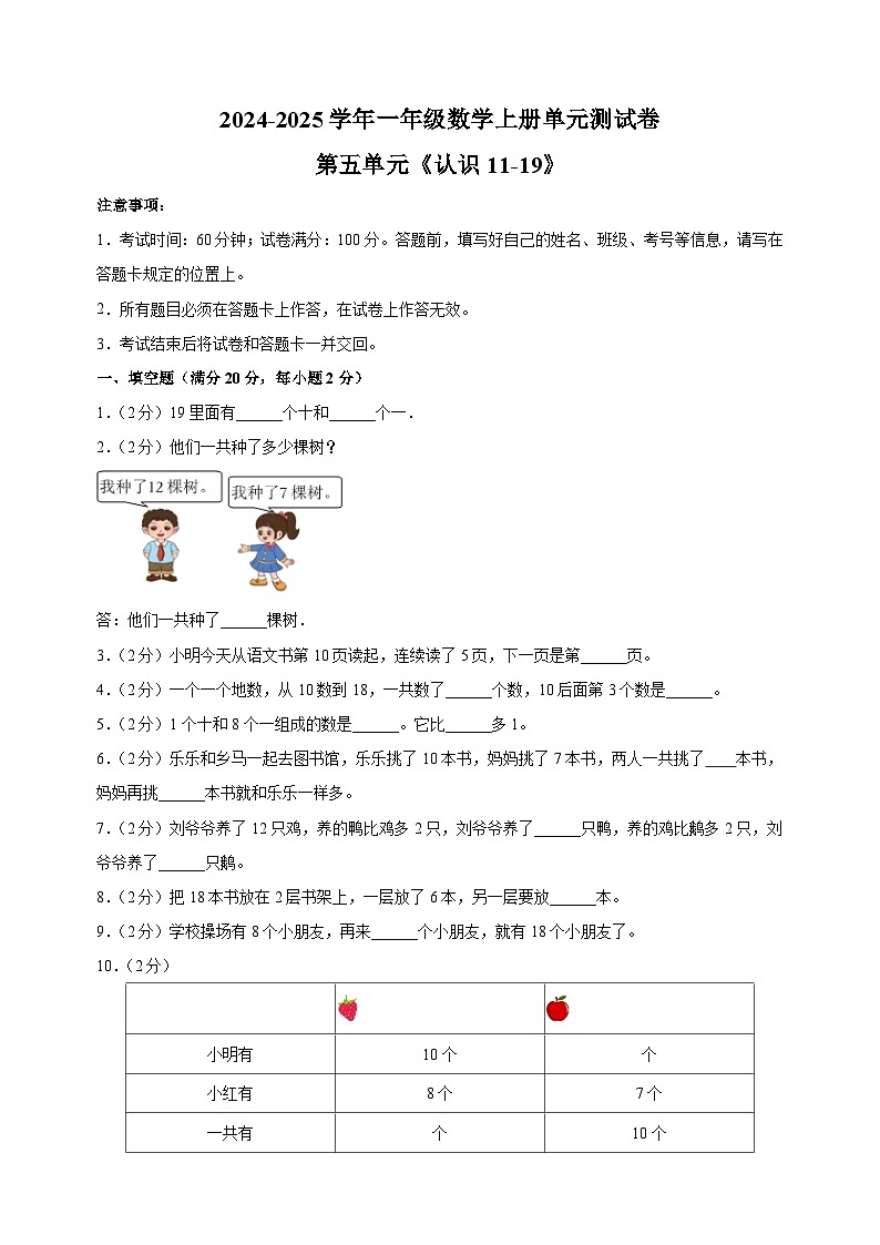 苏教版2024新教材一年级数学上册第五单元《认识11-19》单元测试卷（有答案）第1页