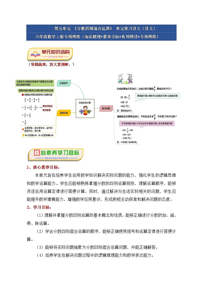 第五单元《分数四则混合运算》(核心素养-应用意识篇四大题型)单元复习讲义-2024-2025学年六年级数学上册(苏教版)(学生版+解析)第1页