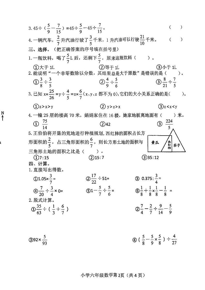 河南省南阳市镇平县2024-2025学年六年级上学期期中考试数学试题02