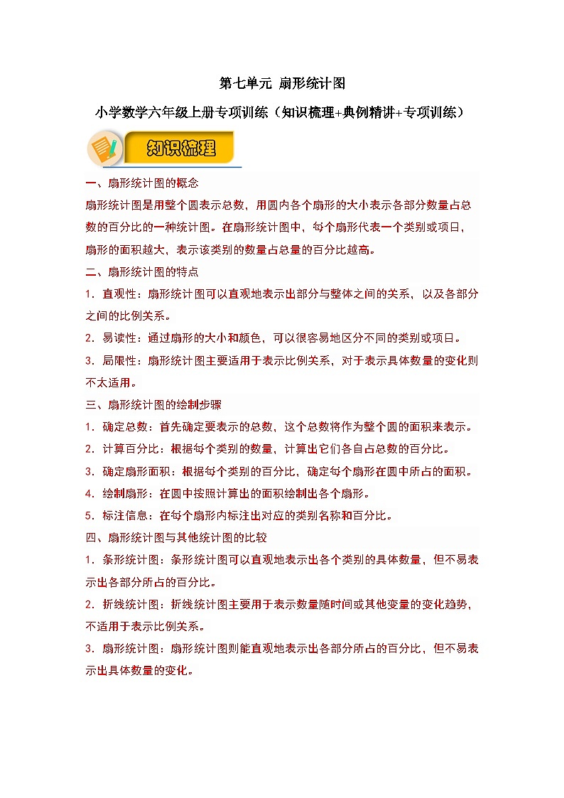 【解答题专项】第七单元 扇形统计图（知识梳理+典例精讲+专项训练）-2024-2025学年小学数学六年级上册（人教版，含答案）第1页