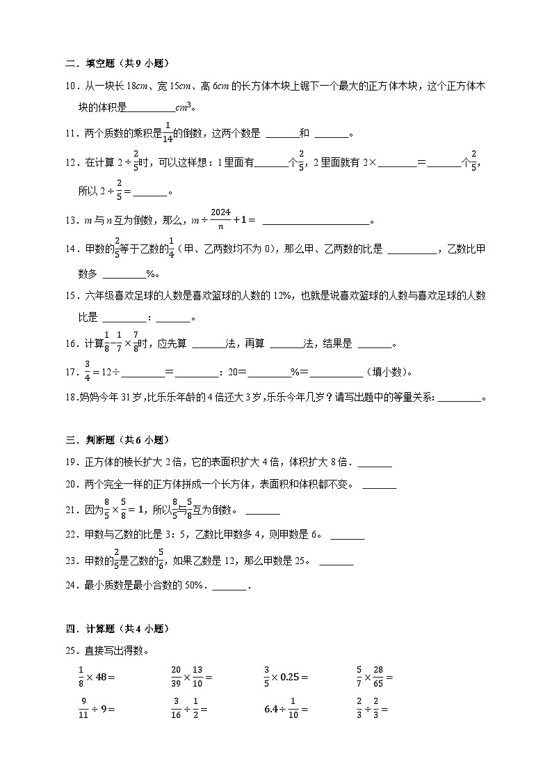 期末培优高频易错押题卷（试题）-2024-2025学年六年级上册数学苏教版02