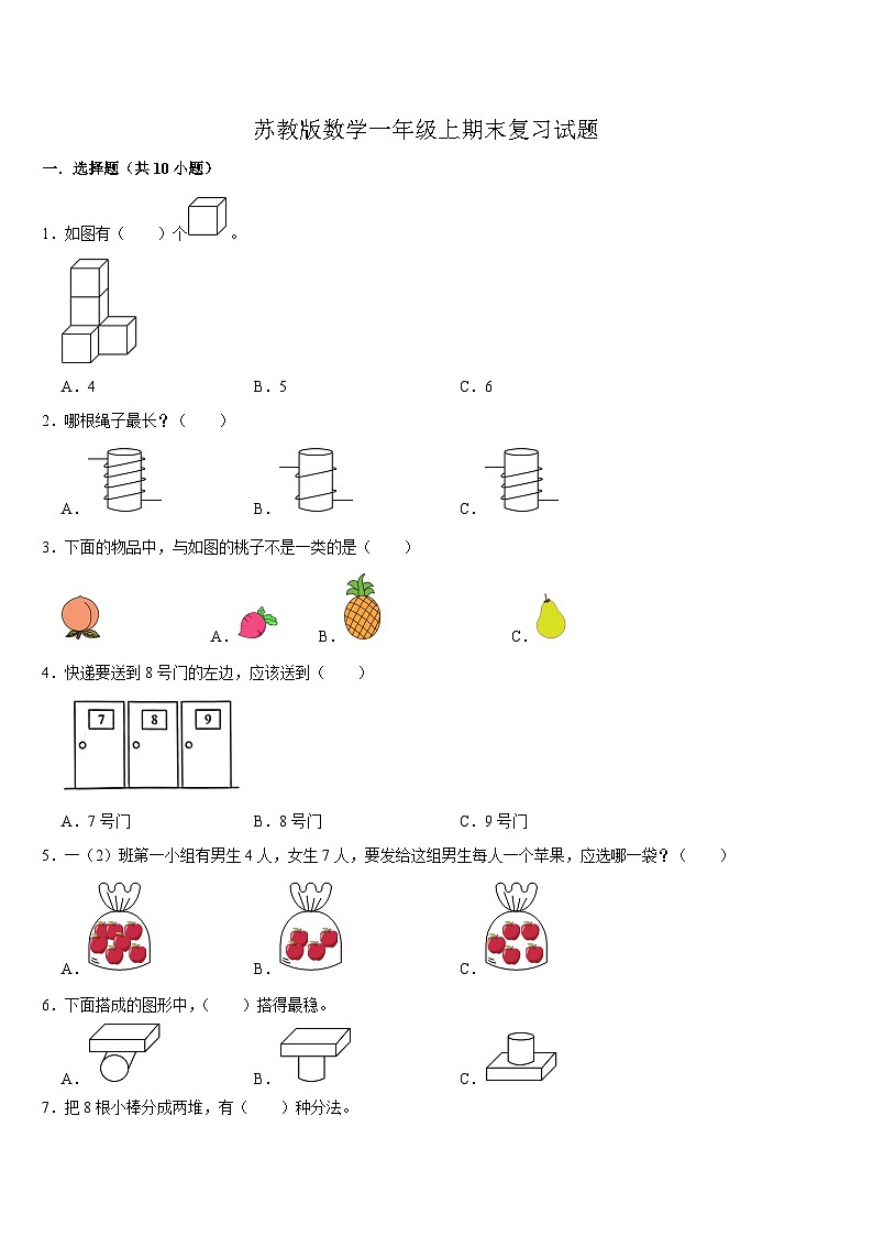 期末复习试题（试题）-2024-2025学年一年级上册数学苏教版第1页