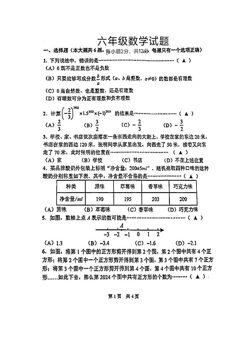 上海市闵行区多校2024-2025学年六年级上学期期中考试数学题第1页