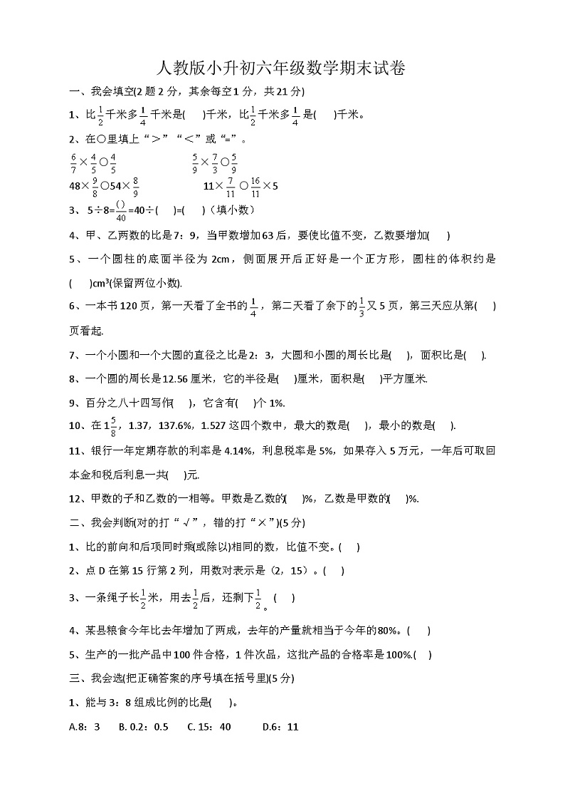 人教版小学数学下册《小升初期末试卷》第1页