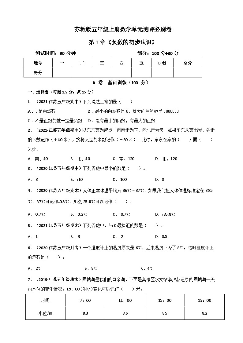 苏教版五年级上册数学 第1章《负数的初步认识》单元测评必刷卷（原卷版）第1页