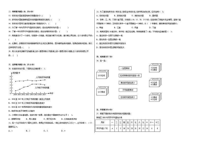 北京版小学数学五年级下册单元分层训练第二单元折线统计图与可能性（B卷：能力提升）（含答案）第2页