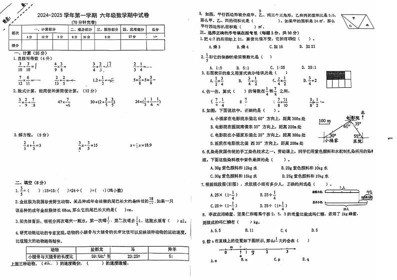 福建省厦门市思明区厦门市前埔南区小学2024-2025学年六年级上学期期中数学试卷第1页