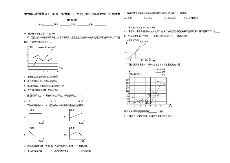 西师大版小学数学五年级下册单元分层训练第六单元折线统计图（B卷：能力提升）（含答案）第1页