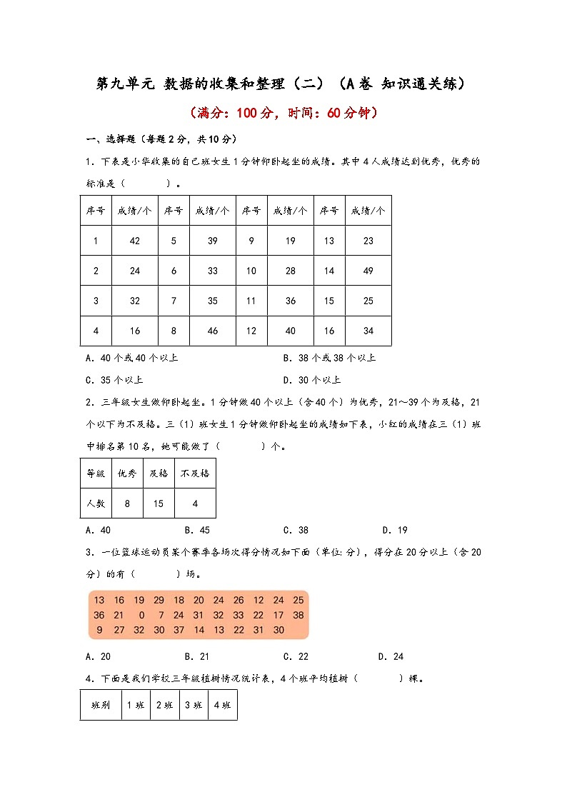 苏教版小学数学三年级下册单元分层训练第九单元 数据的收集和整理（二）（A卷 知识通关练）（含答案）第1页