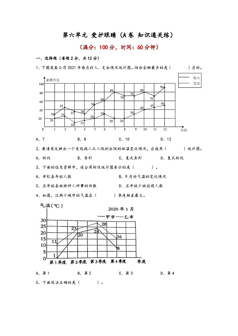 青岛版小学数学五年级下册单元分层训练第六单元 爱护眼睛（A卷 知识通关练）（含答案）01