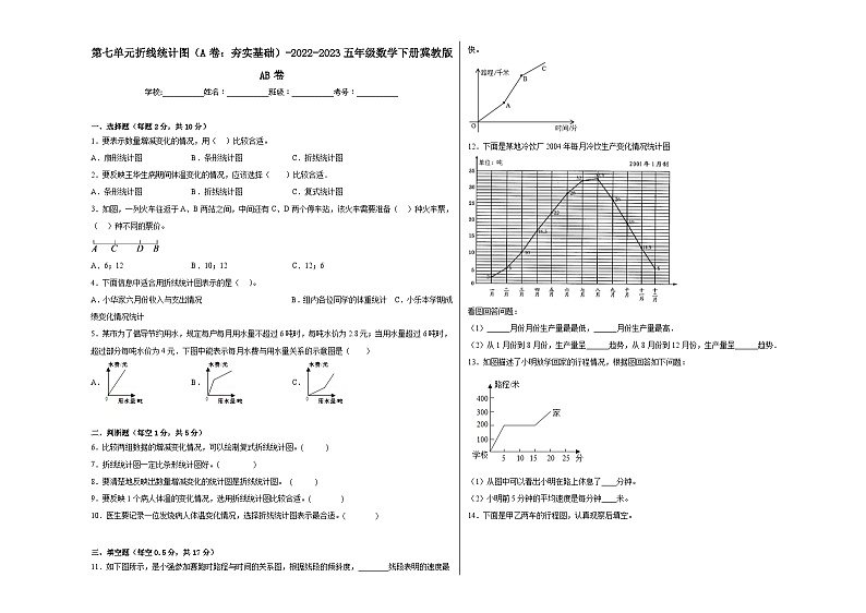冀教版小学数学五年级下册单元分层训练第七单元折线统计图（A卷：夯实基础）（含答案）第1页