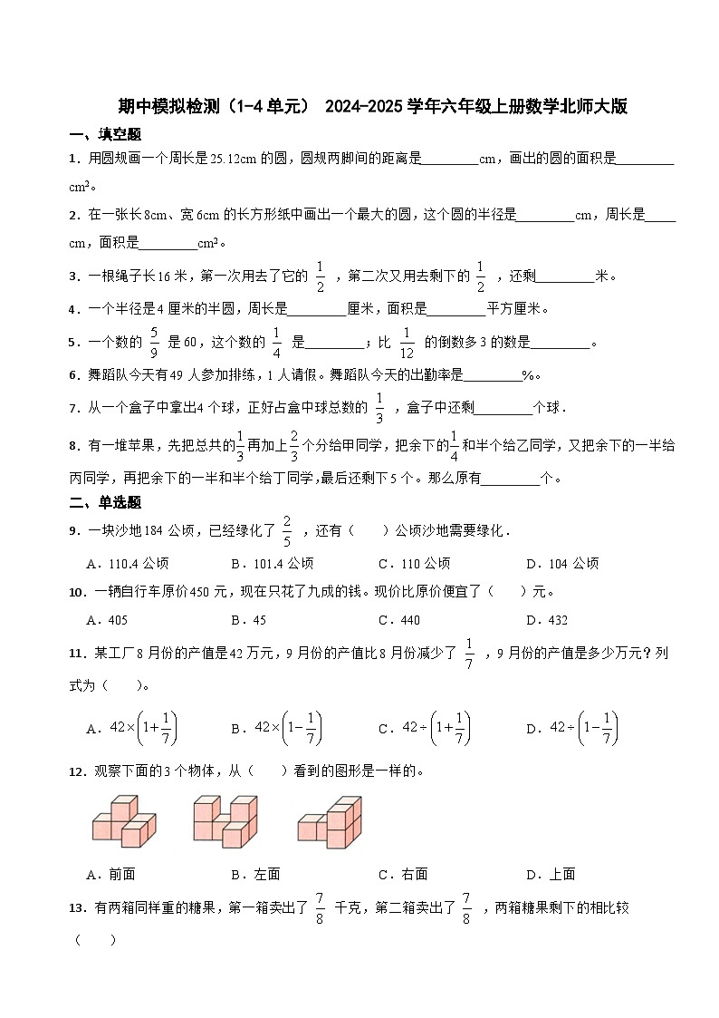 期中模拟检测（试题） 2024-2025学年六年级上册数学北师大版第1页