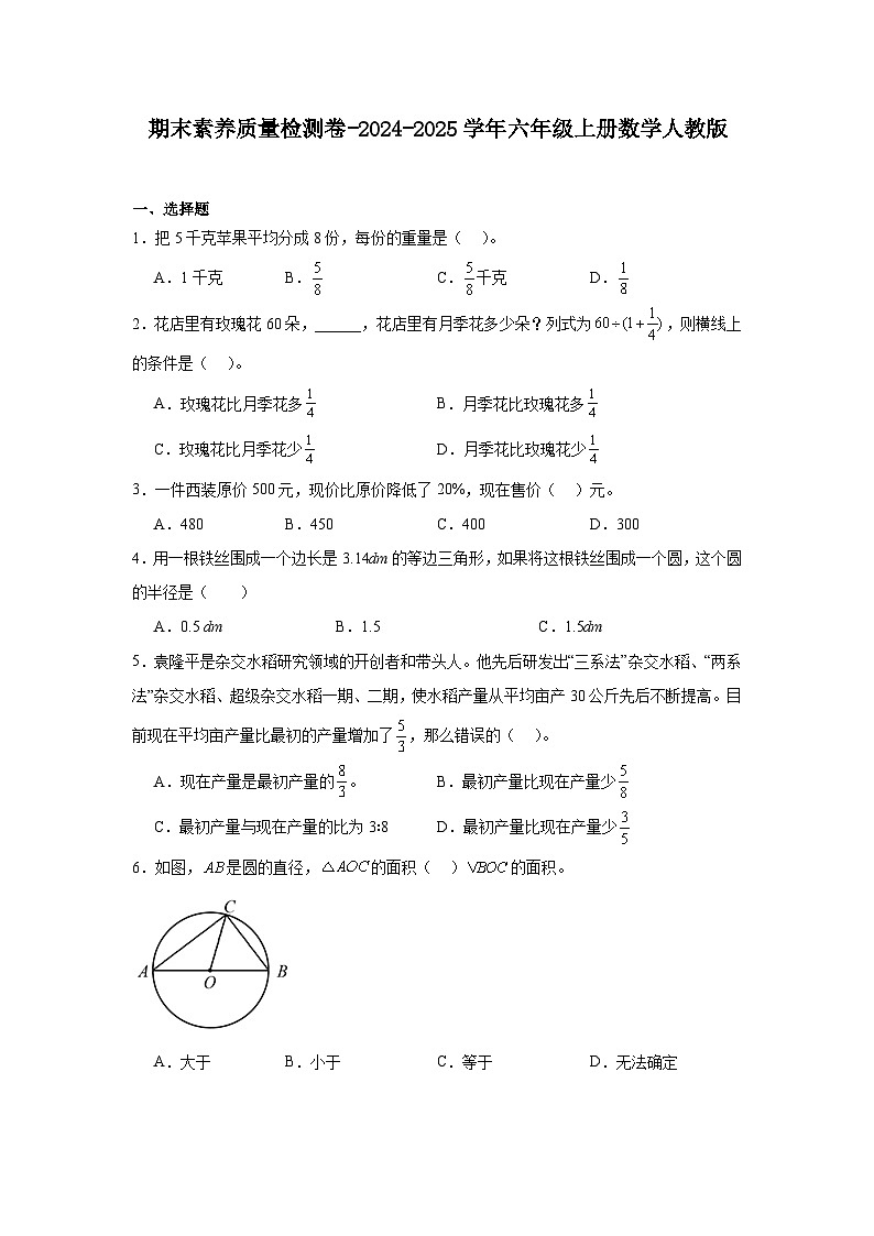 期末素养质量检测卷（试题）-2024-2025学年六年级上册数学人教版第1页