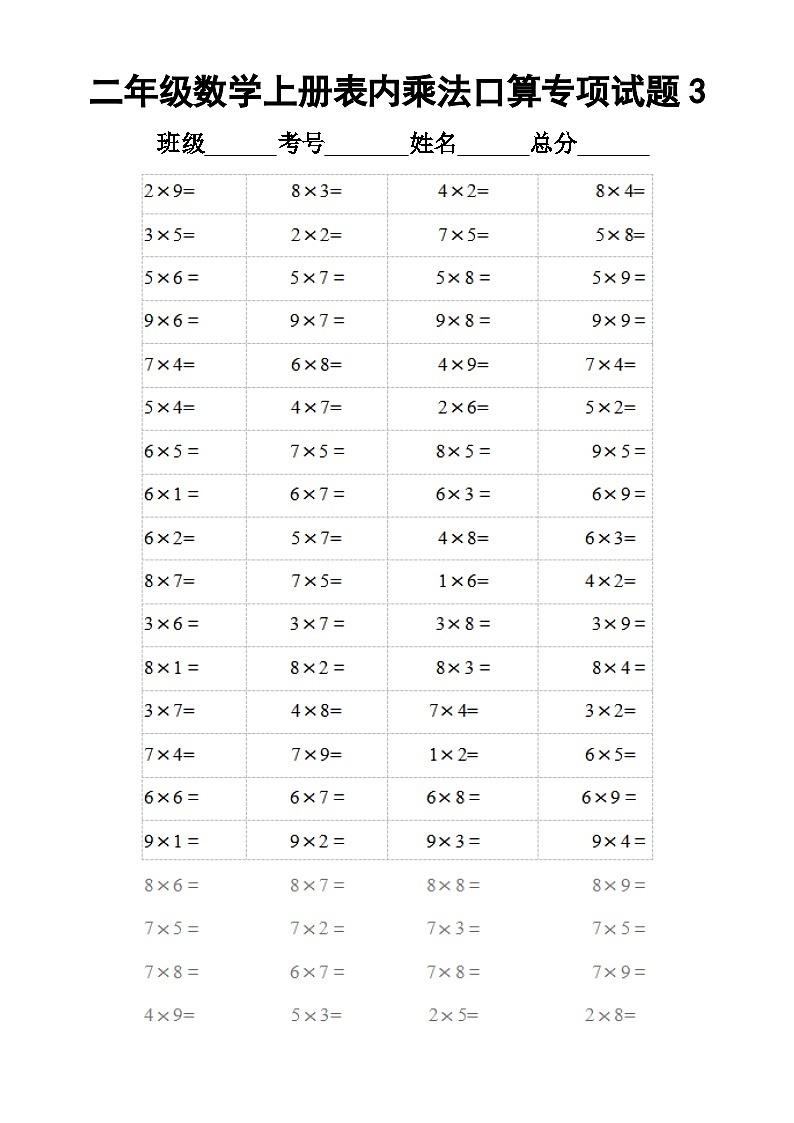小学数学二年级上册表内乘法口算专项练习题(共10套)（无答案）第3页