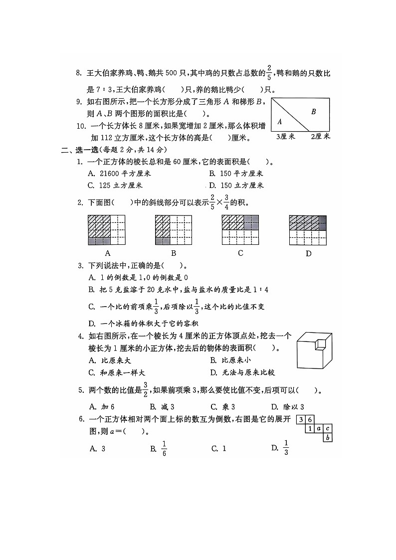 河南省新乡市新乡县朗公庙镇赵堤小学2024-2025学年六年级上学期11月期中数学试题第2页