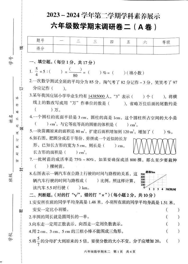 广东省韶关市浈江区2023-2024学年六年级下学期7月期末数学试题第1页
