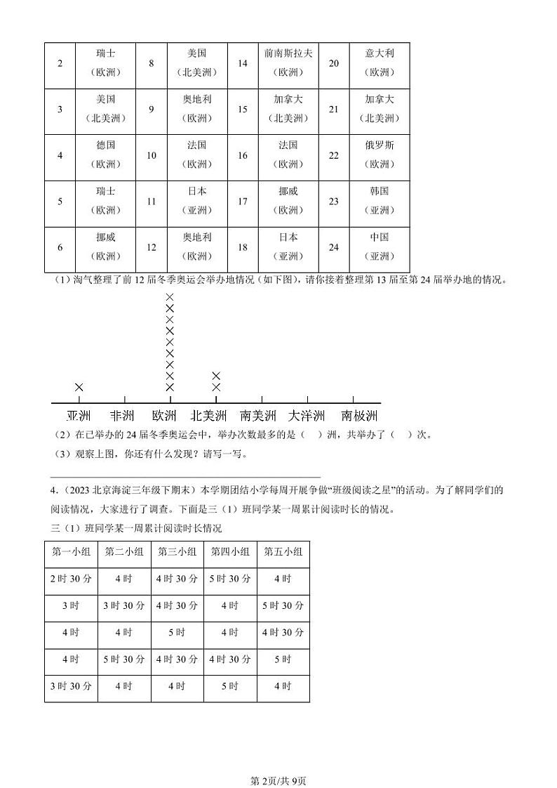 2019-2024北京三年级（下）期末真题数学汇编：数据的整理与表示（北师大版）第2页