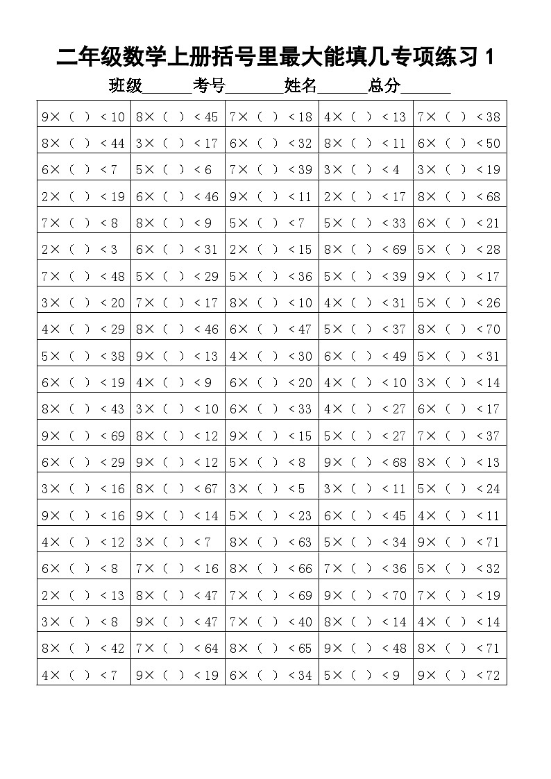小学数学二年级上册括号里最大能填几专项练习题第1页