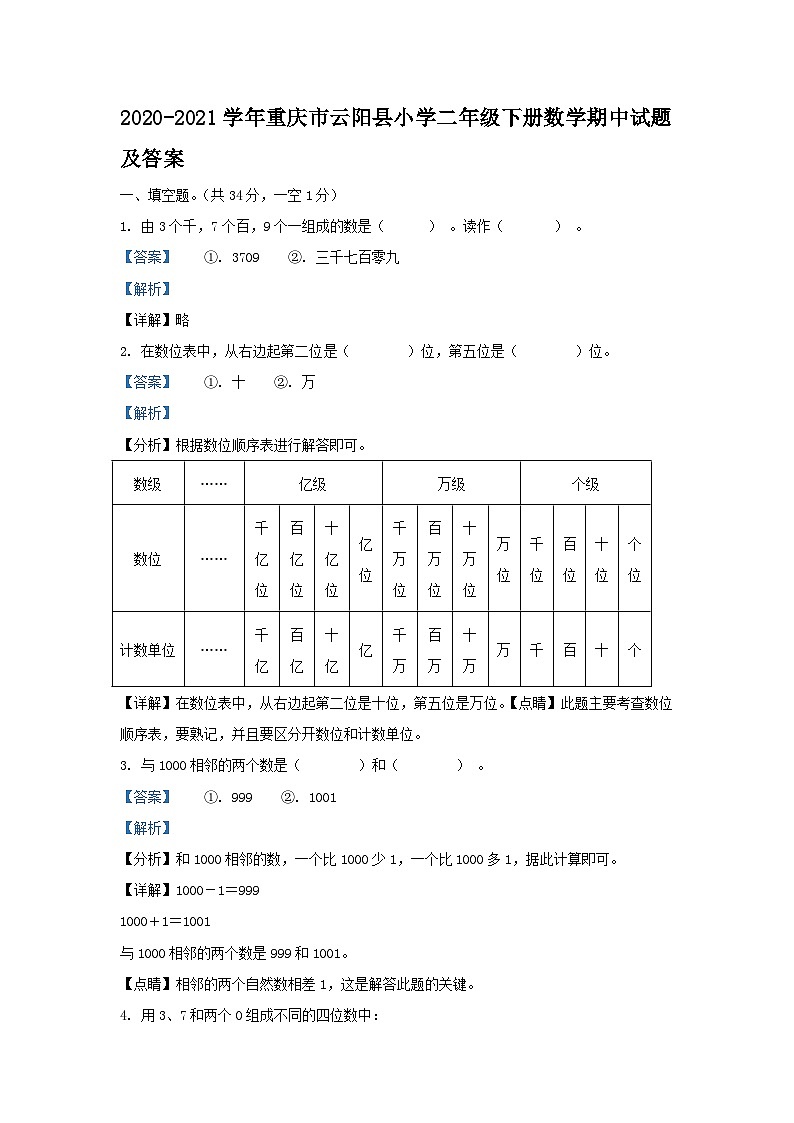 2020-2021学年重庆市云阳县小学二年级下册数学期中试题及答案第1页