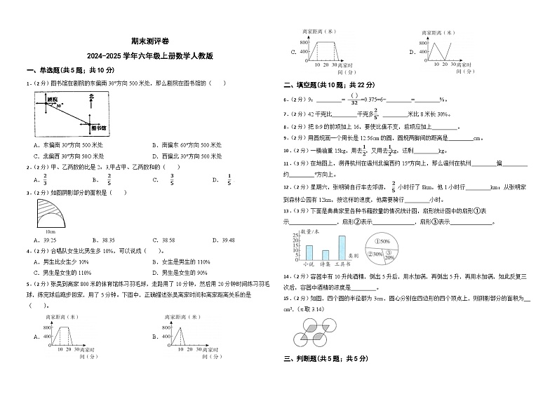 期末测评卷 （试题）-2024-2025学年六年级上册数学人教版第1页