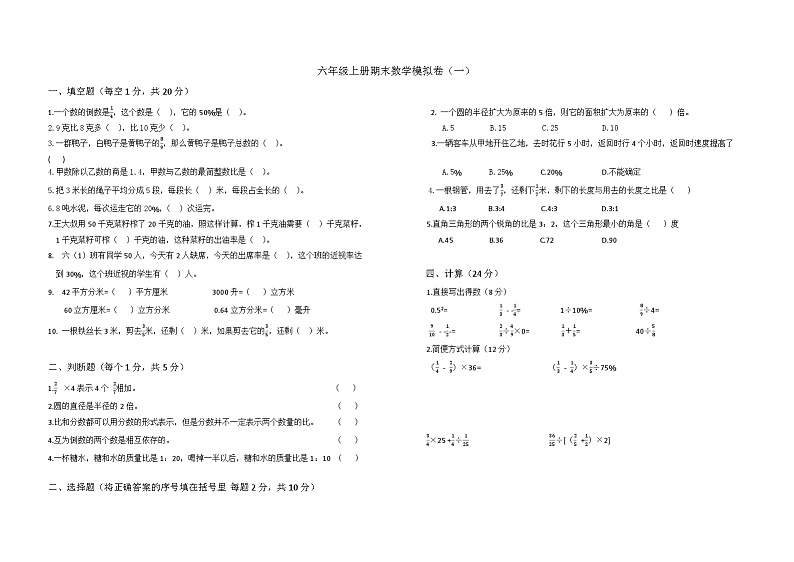 期末模拟练习（试题）-2024-2025学年六年级上册数学人教版第1页
