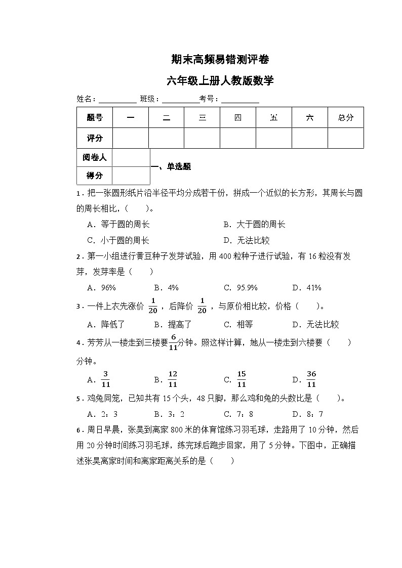 期末易错测评卷 （试题）-2024-2025学年六年级上册人教版数学第1页