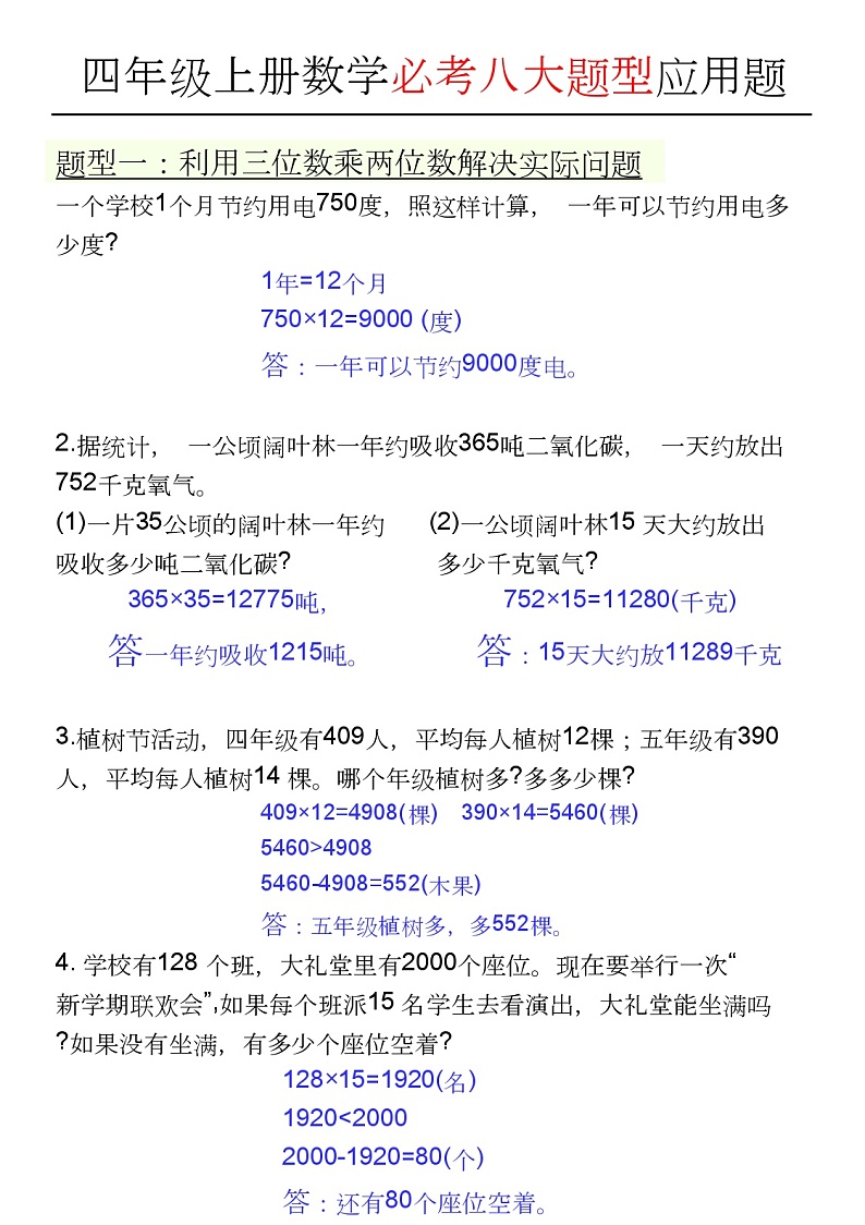 人教版四上数学必考期末应用题八种类型专项练习第1页