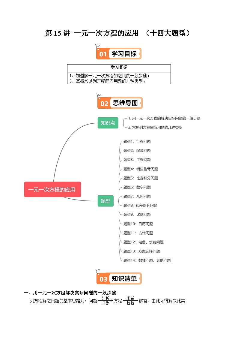 沪教版2024-2525学年六年级数学上册同步讲义第15讲一元一次方程的应用(十四大题型)专题练习(学生版+解析)第1页