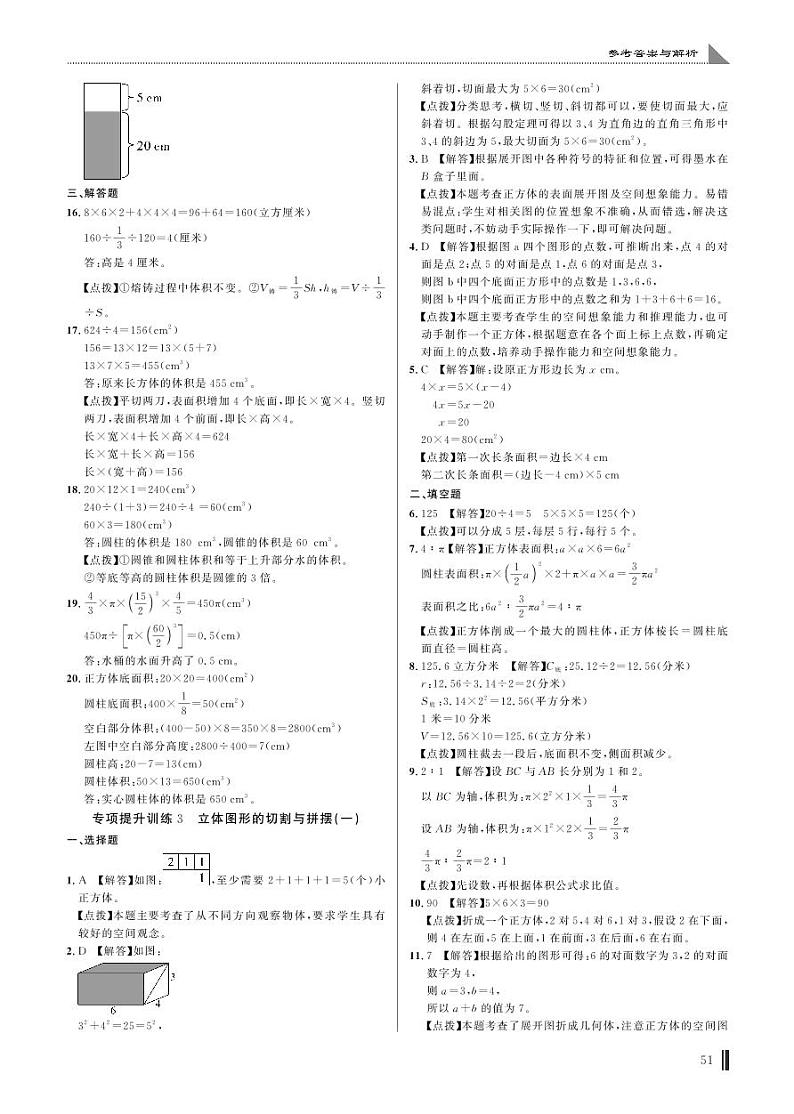 专项提升训练3 立体图形的切割与拼摆(一)答案第1页
