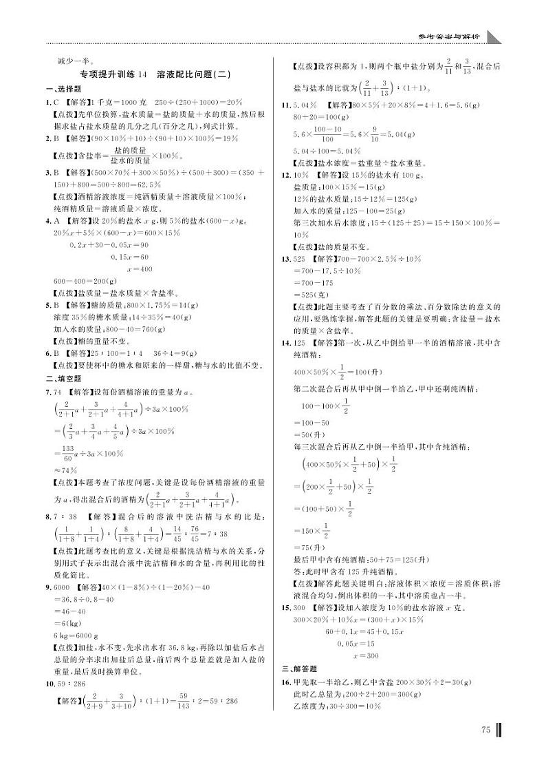 专项提升训练14 溶液配比问题(二)答案第1页
