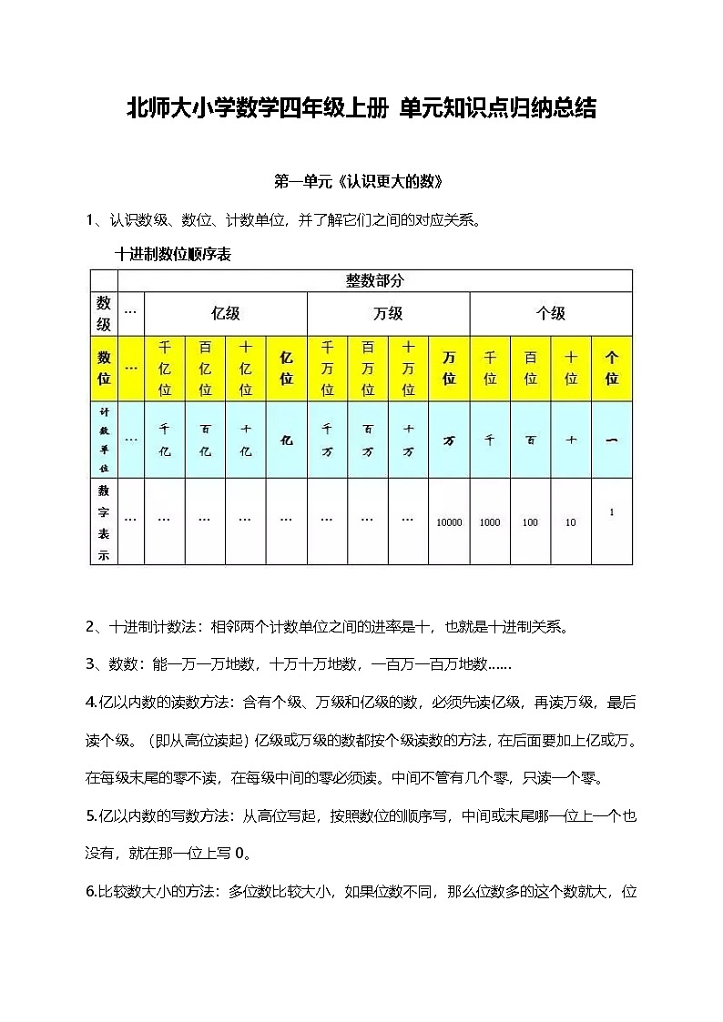 北师大小学数学4上 单元知识点归纳总结（12页）第1页