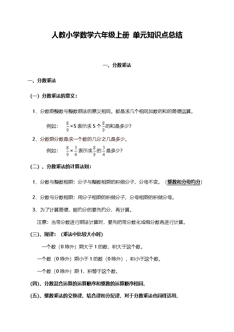 人教小学数学6上 单元知识点总结（21页）第1页