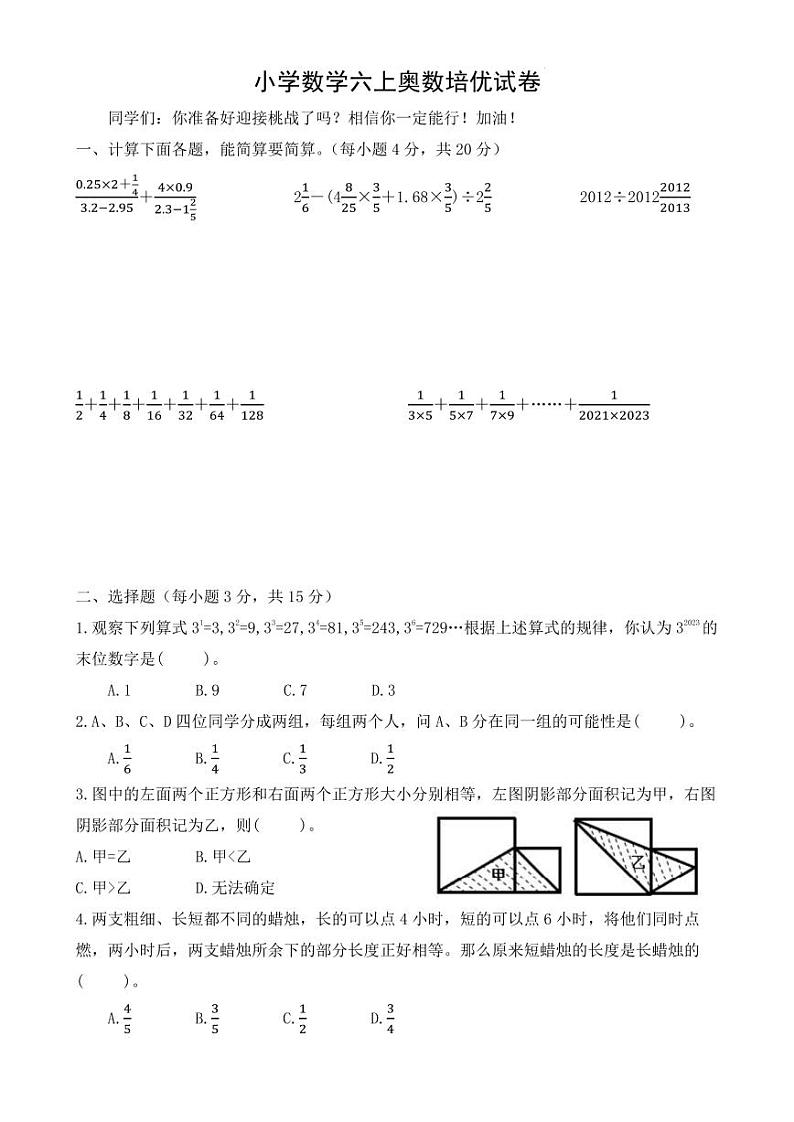 小学数学六上奥数培优试卷（通用版）第1页