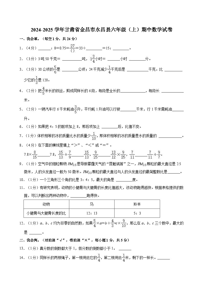 2024-2025学年甘肃省金昌市永昌县六年级（上）期中数学试卷第1页