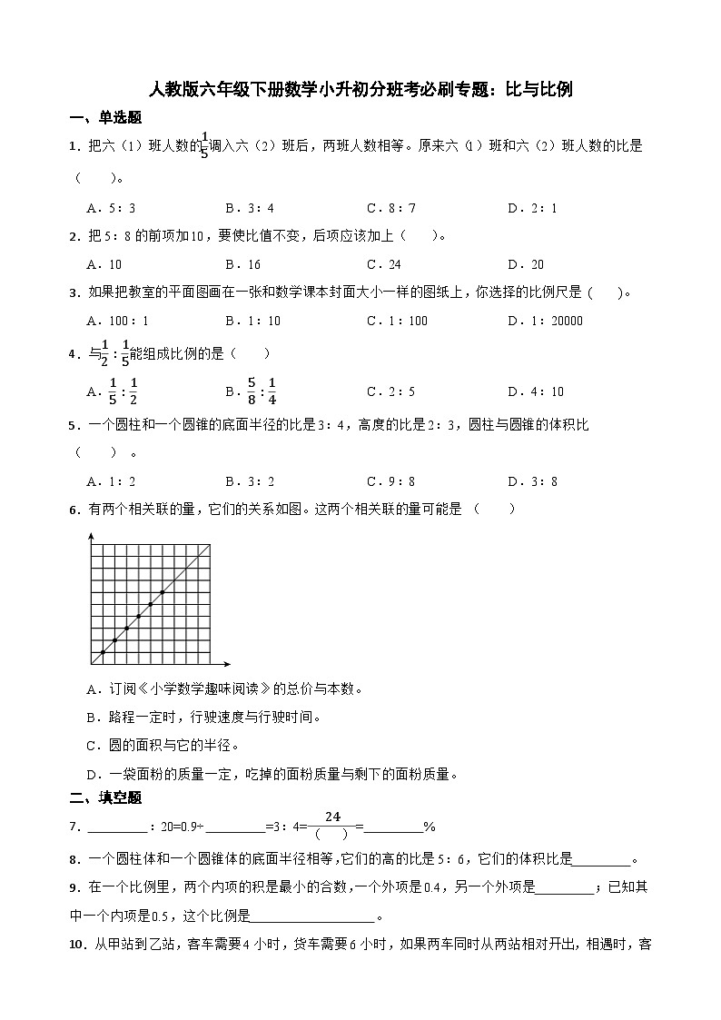 +小升初分班考必刷专题：比与比例（专项练习）-2023-2024学年六年级下册数学人教版-A4第1页