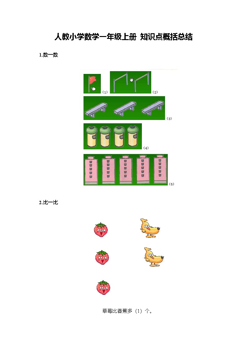 人教小学数学1上 期末复习知识点概括总结（8页）第1页