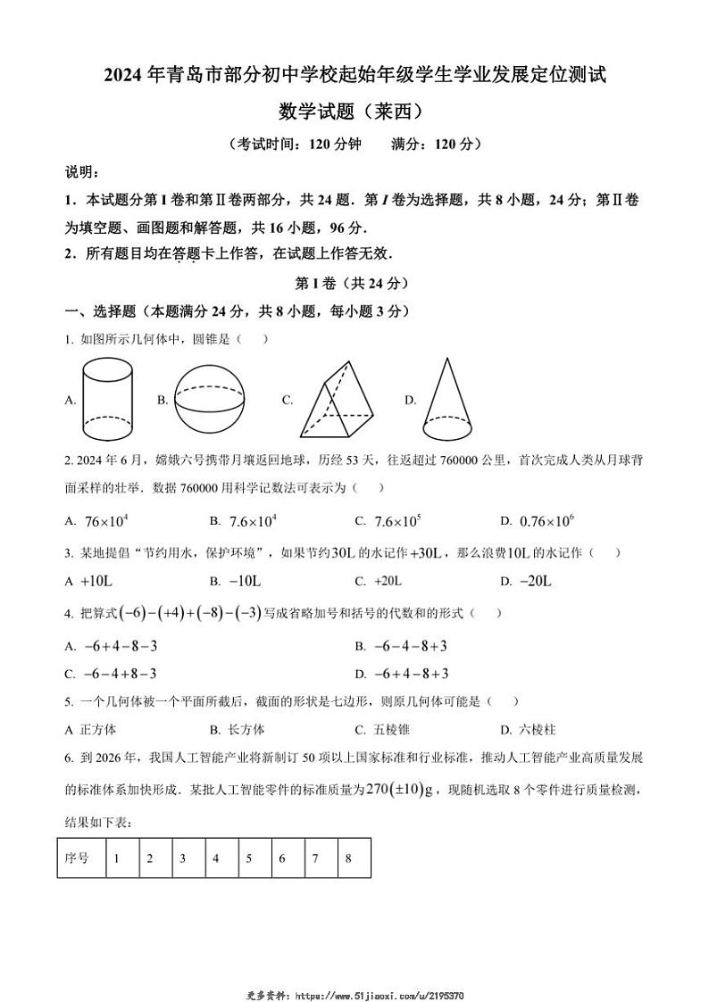 2024～2025学年山东省青岛莱西市期中质量检测六年级(上)数学试卷(含答案)第1页